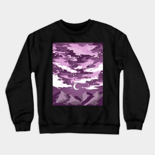 Pink cloudy sky above mountains with a crescent moon Crewneck Sweatshirt
